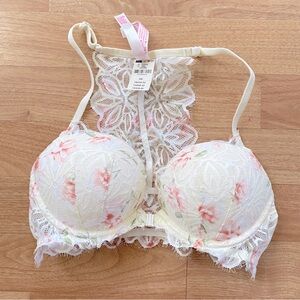 NWT PINK White Floral Lace Racerback Bra